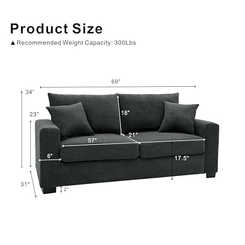 69'' Dark Grey Modern Loveseat Sofa | Upholstered 2-Seater Sofa for Living Room, Mid-Century Modern Love Seats with 2 Pillows, Deep Seat for Office Apartment - color: Dark Grey