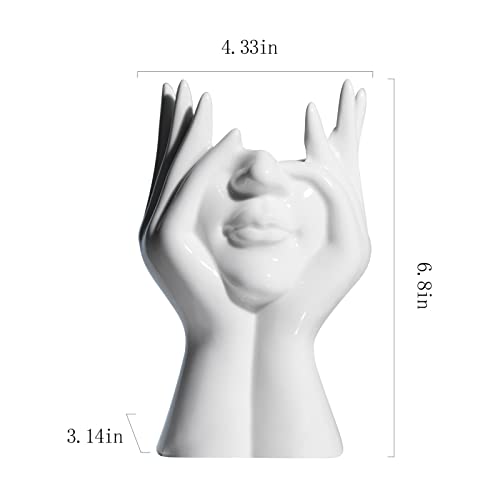 BrownLove Ceramic Face Vase White Flower Vase for Decor Female Form Face Vase Art Vase Modern Decorative Vase Centerpiece for Table Shelf Living Room Office Bedroom - style: Face Vase - Hands Over Face