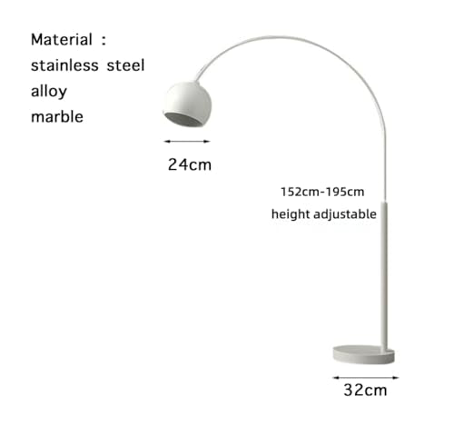 Modern Arc Floor Lamp with Chrome Dome Shade, Stainless Steel and Marble Base, Height Adjustable 152-195cm, for Living Room Bedroom Study (White) - color: White