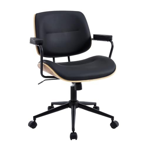 Mid Century Modern Office Chair with Armrest and Adjustable Backrest, Black | Wooden frame with armrests & adjustable backrest, swivel & height-adjustable, PU leather seat for home office comfort - color: Black