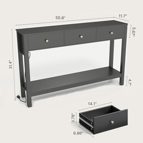 Gizoon Sofa Table with Outlets and USB Ports | Console Table with 3 Drawers, Narrow Long Storage Shelves for Living Room, Couch, Hallway, Foyer, Entryway, Black - color: Black, size: 51"W with Outlets