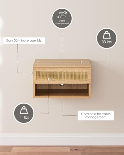 Modern Floating Nightstand with Drawer, Wall Mount Shelves, Oak Rattan | Small Space Saver, Modern Minimalist Design, Wall Mounted Shelves, for Bedroom, Bathroom, Living room, Easy Assembly, Rattan - color: Oak Rattan