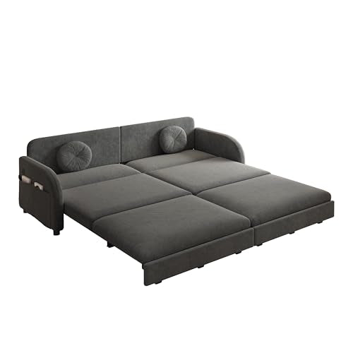 81.1'' King Size Sleeper Sofa Bed, 3-in-1 Pull Out Chenille Couch, Grey | Cozy Curved Armrest, Loveseat with USB, 2 Round Pillows, Washable Cover, Pocket, for Living Room, Apartment, Small Spaces, RV - color: Grey, size: 81.1'' King