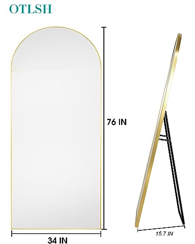 Arched Floor Mirror, 76"34" Full Length Mirror with Stand, Freestanding, Aluminum Frame - Gold - color: Gold, size: 34"L x 76"W
