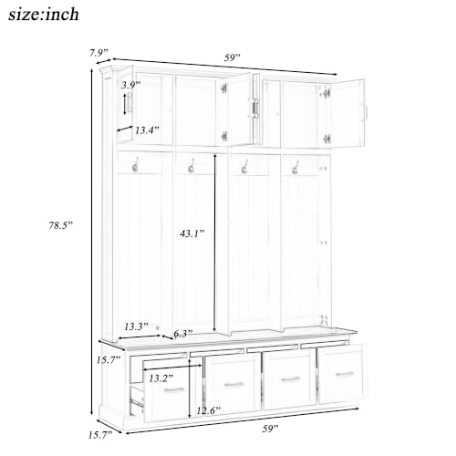 Farmhouse Hall Tree with Storage Cabinet & Shoe Bench, Black | 78.5’’ Tall Entryway Organizer with 4 Door, 4 Drawers & 4 Coat Hooks for Hallway Living Room Mudroom - color: Antique Black, size: 59.05''W x 15.74''D x 78.54''H