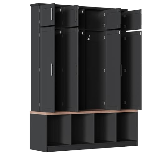 JIVOIT 75" H Farmhouse Hall Tree with Storage, Versatile 4-in-1 Coat Hanger with 4 Hidden Hanging Hooks, 8 Doors, Entryway Shoe Cabinet with Open Compartments for Living Room (Black//23) - color: Black//23