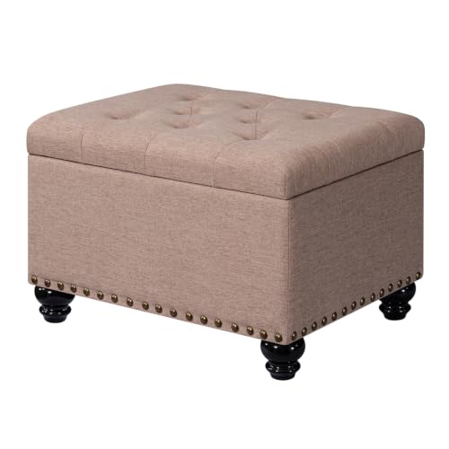 Ottoman with Storage, Fabric Ottoman Foot Rest 24" Rectangle Tufted Foot Stools Ottomans with Hinged Lid Upholstered Button Ottomans for Bedroom Living Room Entryway, Taupe - color: A-taupe
