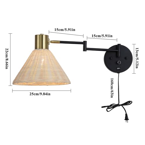 Plug in Rattan Wall Sconce Swing Arm Wall Lamp with USB Port and Dimmer Switch Hand-Woven Boho Rattan Wall Mounted Lamp Suitable for Hallway Bedroom Living Room.Balck - color: Black+Rattan Shade