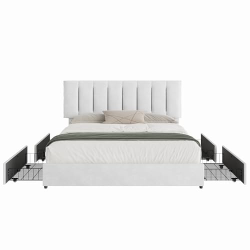 VECELO King Size Bed Frame with 4 Storage Drawers, Adjustable Height Headboard, Heavy-Duty Bedframe with Strong Wooden Slats, No Box Spring Needed, Pure White - color: Pure White, size: King, style: Bed Frame With Drawers