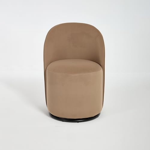KEIKI Swivel Barrel Dining Chair, Velvet Upholstered Vanity Chair, Brown | Mid Century Modern Style, Round Armless Design, Curved Back Support, Small Space Seating, Dining, Vanity Or Accent Use - color: Brown