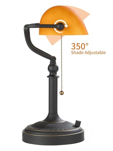 Matted Amber Stepless Dimmable Glass Bankers Desk Lamp | Table Lamp Plug in Fixture for Study Home office Library LED Bulb Included - color: Matted Amber