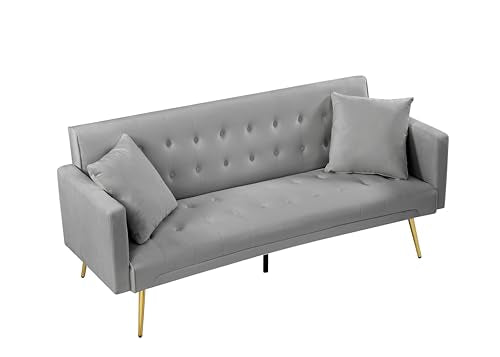 72''Modern Velvet Sofa Bed Futon,Convertible Folding Sleeper Couches with 3 Adjustable Backrests,Tufted Recliner Loveseat with Golden Chrome Legs for Living Room Apartment Office (Light Gray-new) - color: Light Gray-new