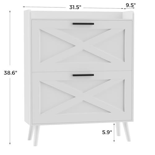 Homleke Farmhouse Shoe Storage Cabinet with Flip Drawers & Barn Door Design | Slim Narrow Shoe Rack Cabinet with Adjustable Shelves & Hidden Storage for Entryway, Foyer, Hallway, Living Room, White - color: White