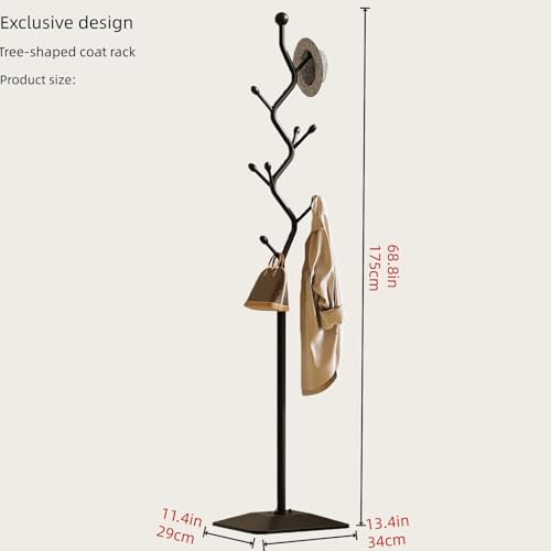 8-Hook Metal Coat Rack Stand, Freestanding Coat Tree | Sturdy anti-tip coat organizer for entryways, bedrooms, dorms, and offices with space-saving storage design. - color: black