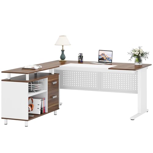 Tribesigns 63 Inch Executive Desk with File Cabinet, L Shaped Office Desk with Drawers and Storage Shelves, Business Furniture Set Workstation for Home Office, White and Walnut - color: White and Brown