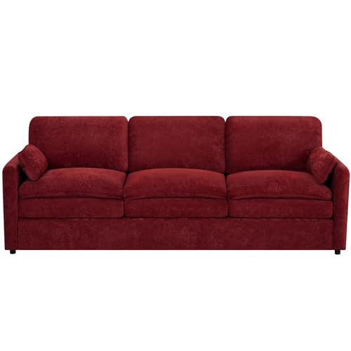 89" Chenille 3 Seats Sofa with 2 Pillows, Red | Modern Upholstered Sofa with Deeper Seats, Comfy Sofa with Thickened Cushions for Living Room, Apartment - color: Red, size: Sofa