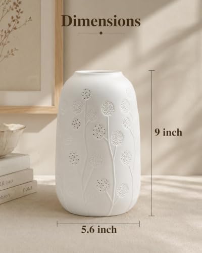 Ceramic Vase Table Lamp - 2700K Bulb & 3 Artificial Flowers Included | Handmade Openwork Craft - Inline Switch - E12 Socket - Dandelion 9" - style: Dandelion