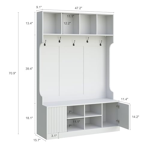 Hall Tree with Bench and Shoe Storage, 5-in-1 Entryway Coat Rack with LED Sensor Light, Hooks and Storage Cubes, Shoe Cabinet with Fluted Door, Modern Hall Tree for Entryway, Living Room - color: White