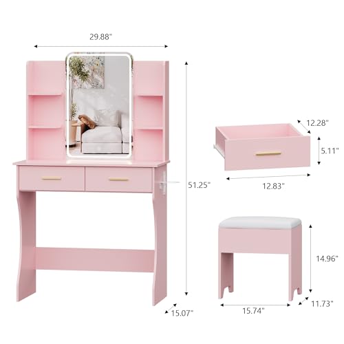 Small Vanity Desk with Mirror and Lights, Makeup Vanity with LED Lights, Pink Vanity Mirror with Lighted Desk and Chair, 3 Lighting Adjustable Compact Dressing Table with Mirror for Women, Girls - color: Pink, size: 29.88x15.09x51.30 in