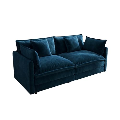 76.7 Inch Modular Sectional Cloud Sofa, 2-Seat Chenille Blue | Chenille Deep Seat Sofa with Pillow for Living Room, Bedroom and Apartment - color: Blue, size: 76.7 inch-Straight
