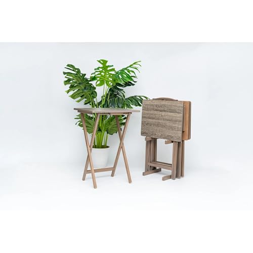 4 Pack Folding TV Tray Tables with Storage Rack, Rustic Gray Rubberwood Snack and Dinner Tables for Living Room, Bedroom and Small Spaces