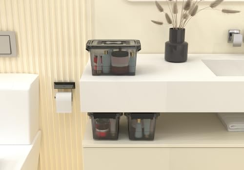 Plastic Storage Bins with Lids 5-Pack Storage Organizer, 4 Quart Stackable Storage Bins with Buckle Lids and Handle easy for Home Office Pantry Organization, Clear Black
