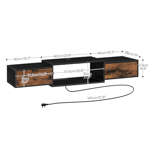 HOOBRO 55" Floating TV Stand with Power Outlet, Modern Wall Mounted Media Console Shelf Cabinet for Under TV Storage, Entertainment Center, Living Room, Bedroom, Rustic Brown and Black BF11DS01 - color: Rustic Brown + Black