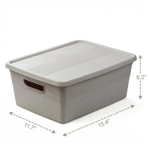 BINO | Plastic Storage Bins with Lids, 13 Liter - 3 Pack, Natural Grey | THE BRAIDED COLLECTION | Plastic Bins for Organization Woven Storage Baskets for Organizing Pantry Shelf Organizer Basket Bin - color: Natural Grey, size: 13L | 3-Pack