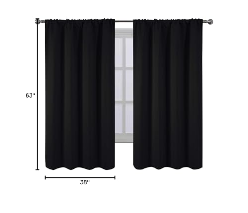 Black Blackout Curtains/38 x 63 Inch/Set of 2 Panels Rod Pocket Room Darkening Curtains for Bedroom - color: Black, size: 38"W x 63"L (Pack of 2)