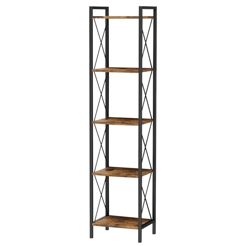 Homhedy 5 Tier Small Bookshelf, Tall Narrow Bookcase, Metal Book Shelf | Industrial Style for Small Spaces, Home, Office, Living Room, Kitchen, Bedroom , 10.4" D x 13" W x 55.1" H, Rustic Brown - color: Rustic Brown, size: 10.4"D x 13"W x 55.1"H