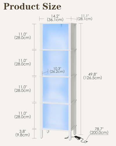 Bookshelf with LED Lights, Modern 4-Tier Bookcase, Open Storage Book Shelf, 11 × 14.2 × 50.4 Inches, Small Narrow Bookshelves for Living Room, Home Office, Bedroom, White - color: White