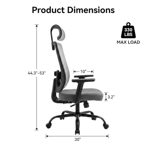 Ergonomic Office Chair, 330LBS Computer Chairs High Back with Adjustable Lumbar Support, Breathable Mesh Desk Chair Ergonomic with Thickened Cushion, Comfy Home Office Desk Chair, Gray - color: Grey