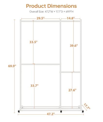 Clothing Rack with 4 Hanging Sections, 47.2" x 17.7" x 69.9", Double Rod Garment Rack with Storage Shelves, Freestanding Closet Organizer for Bedroom, Laundry Room, Portable Metal Clothes Rack, White - color: White