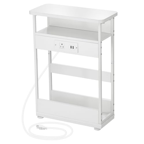YEAKOO Narrow Side Table with Charging Station, 3-Tier End Table with 2 USB Ports & Power Outlets,Thin Sofa Side Table for Narrow and Small Spaces, Bedside Table Nightstand for Living Room,White - color: White
