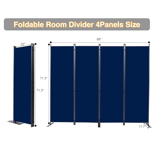Room Divider, 4 Panel Folding Privacy Screens with Wider Feet, Navy Blue | 88" W X 71" H Room Divider Panel, Stable Frame Structure, Flexible Space Separator, Portable wall divider for Room Partition - color: Navy Blue, size: 22"- 4 Panel