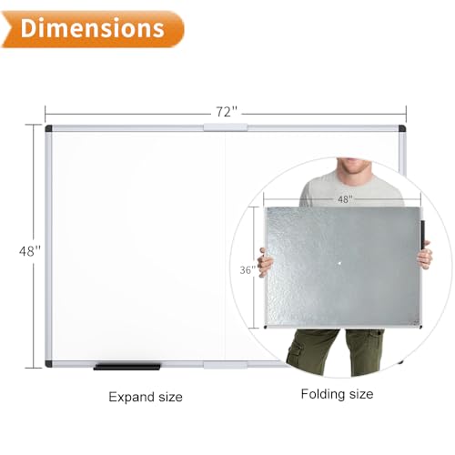 VIZ-PRO Magnetic Dry Erase Board, 72 X 48 Inches, Foldable Wall-Mounted Whiteboard with Silver Aluminum Frame & Marker Tray for School Office and Home 6' X 4' - size: 72"W x 48"H