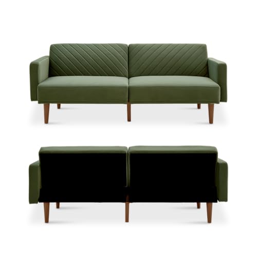 mopio 76.4" Futon Sofa Bed Chevron Styled, Sleeper Couch (Olive Green Velvet) - color: Olive Green Premium Velvet