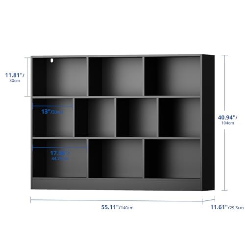 Black Bookshelf, 3-Tier Open Shelf Bookcase, 10 Cube Storage Organizer with Anti-Tilt Device for Bedroom, Living Room, 55.11" W x 11.61“D x 40.94“H - color: Black, size: 55.11"W x 40.94"H