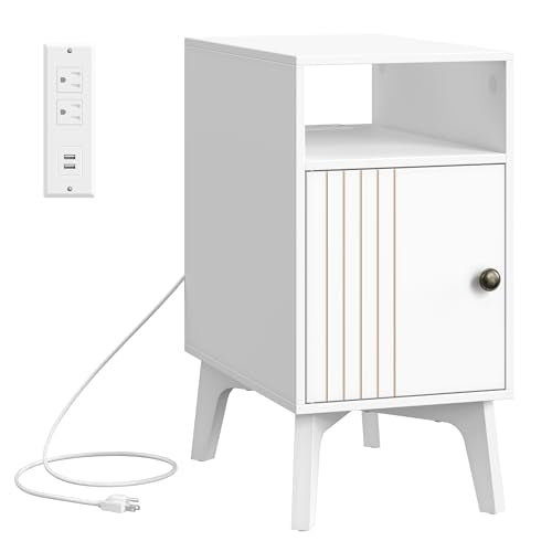 VASAGLE MAEZO Collection - End Table with Charging Station, Narrow Side Table, Nightstand with Tapered Legs, Curved Transitions, for Small Spaces, Bedroom, Cloud White ULET329W101S - color: Cloud White