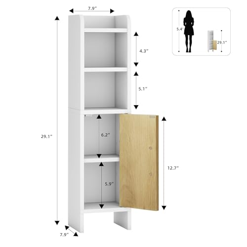 Bathroom Storage Cabinet, Small Corner Floor Cabinet with Fluted Door Narrow Toilet Paper Cabinet with Adjustable Shelves Wooden Slim Bathroom Organizers and Storage for Small Spaces, White - color: White