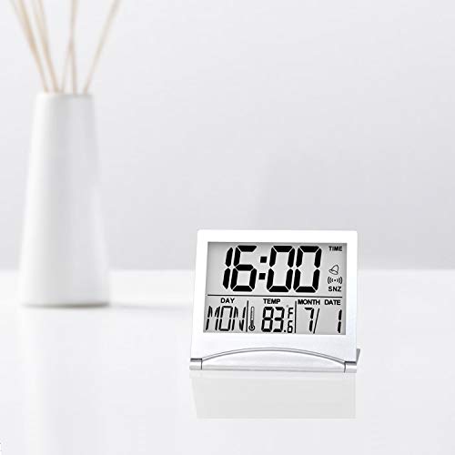 Betus Digital Travel Alarm Clock - Foldable Calendar Temperature Timer LCD Clock with Snooze Mode - Large Number Display, Battery Operated - Compact Desk Clock for All Ages (Silver Pack of 2) - color: Silver Pack of 2