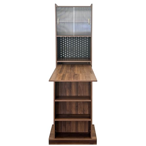Fold Out Desk Folding Writing Table with Bookcase, Desk Cabinet Convertible Table with Open Shelves for Office Study Room or Small Space, Brown - color: Brwon