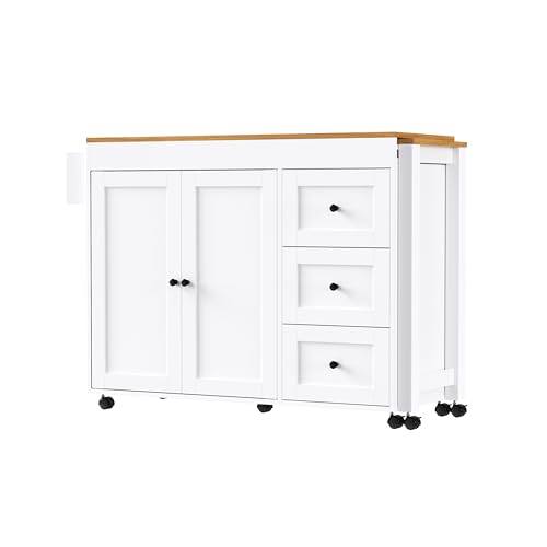 Kitchen Island, Extendable Dining Table with Power Outlet | Extendable dining table expands from prep station to dining table, seats up to 2 extra guests, saves space when closed - color: White2