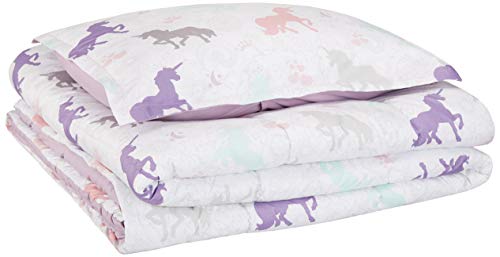 Amazon Basics 2-Piece Soft Easy-Wash Microfiber Kid's Comforter and Pillow Sham Set, Twin, Purple Unicorns, Animal Printed - color: Purple Unicorns, size: Twin