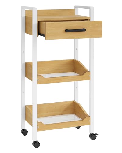 Hoctieon 3-Tier Rolling Storage Cart with Drawer, Rolling Utility Cart Organizer, Mobile Shelving Unit with Wheels, Metal Frame, Kitchen Utility Cart for Small Space, Office, Bathroom, Oak Beige - color: Oak Beige