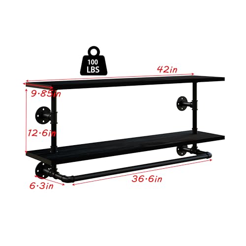 Black Clothes Rack 42in, 2-Tier Wall Mounted Garment Rack with Real Wood Shelf, Heavy Duty Hanging Clothes Rack, Multi-Purpose Hanging Rod, Space-Saving Closet Storage - color: Black, size: 2T42IN