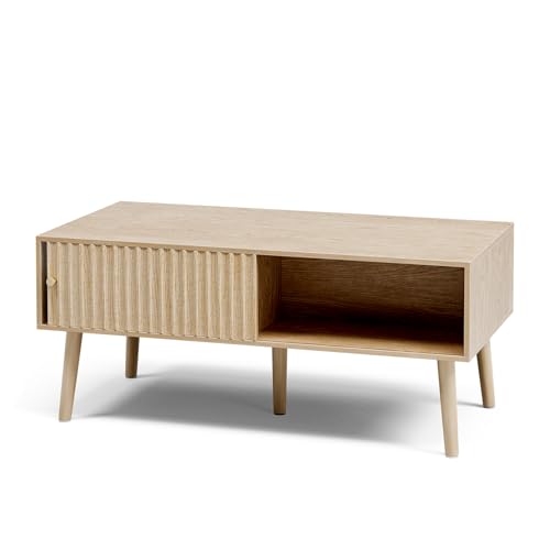 LCRBOL Coffee Table with Fluted Sliding Door, Modern, Natural | 39.3"L x 19.7"W x 17.1"H, double-sided sliding door & open shelf (7.5" clearance), golden knob, 5 tapered legs - color: Oak(lsj012-n)