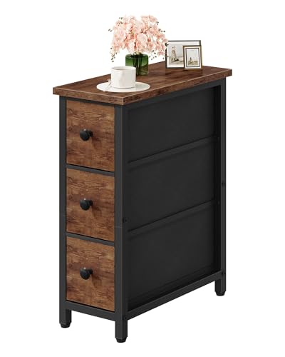 Narrow Side Table with 3 Fabric Drawers, Industrial Slim Bedside Table for Small Spaces, Bedroom, Living Room, Dormitory, Rustic Brown and Black TBZ09BF - color: Rustic Brown + Black
