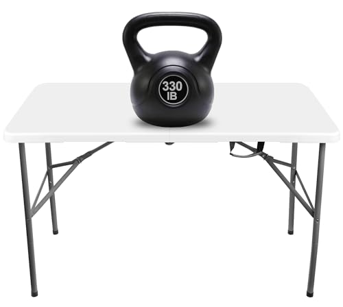 4 ft HDPE Folding Table with Carry Handle, Frame Locks, 330 lb Capacity | 24 x 48 x 29 in, alloy steel frame, weather- and scratch-resistant top, compact fold, indoor and outdoor use - size: 4ft Folding Table