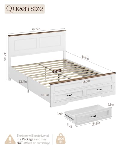 Yoobure Farmhouse Queen Bed Frame - Platform Bed Frame Queen Size with Headboard, Wood Beds with Storage Drawers, Wooden Bedframe with 18" Tall Footboard, No Noise, No Box Spring Needed, White - size: Queen (U.S. Standard)